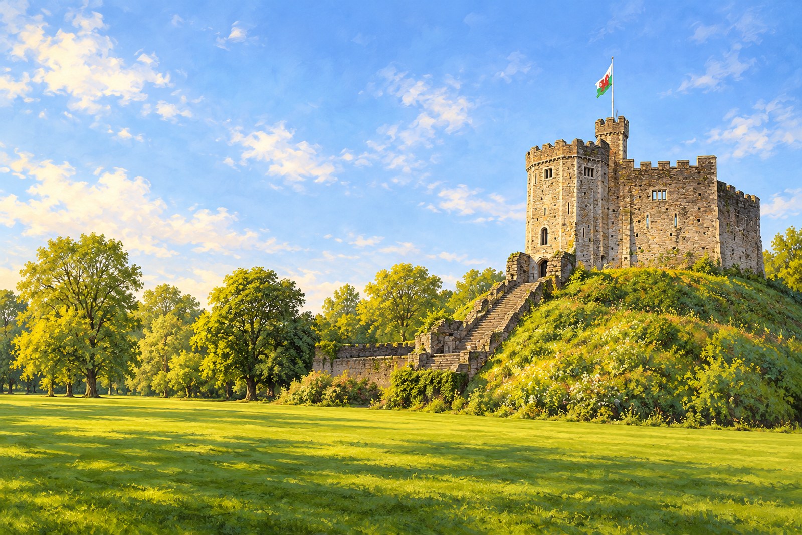 Artist's impression of Cardiff Castle's Norman keep and grassy mound